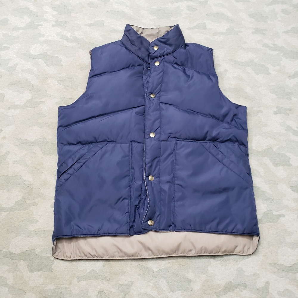 VTG Camel Reversible Puffer Vest Mens Blue Goose Down Outdoor Snap